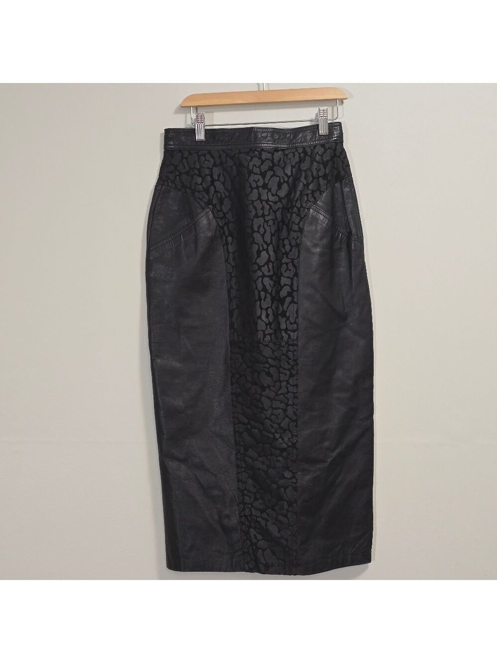 Vintage Genuine Leather With Leopard Print Pencil Skirt Color Black